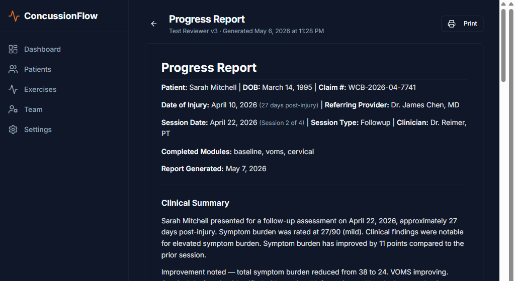 ConcussionFlow generated clinical report