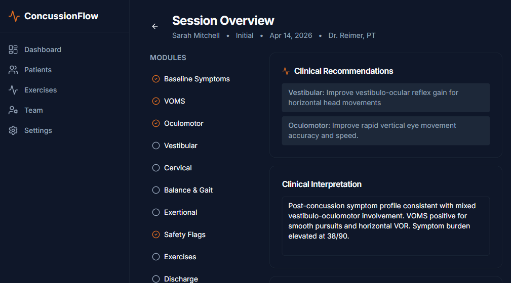 ConcussionFlow session overview with clinical recommendations and treatment plan